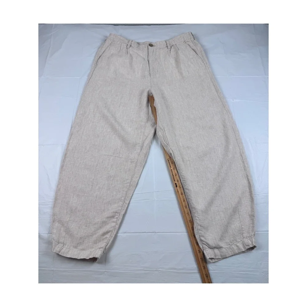 Lands End Womens 14 High Rise 100% Linen Pleated Wide Leg Pants Oatmeal Beige